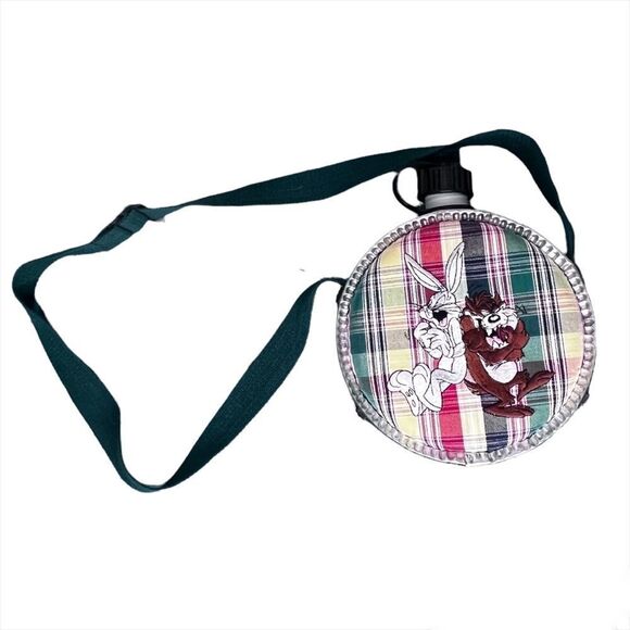 Vintage 90s Looney Tunes Bugs Bunny & Taz Plaid Water Canteen - Picture 1 of 9